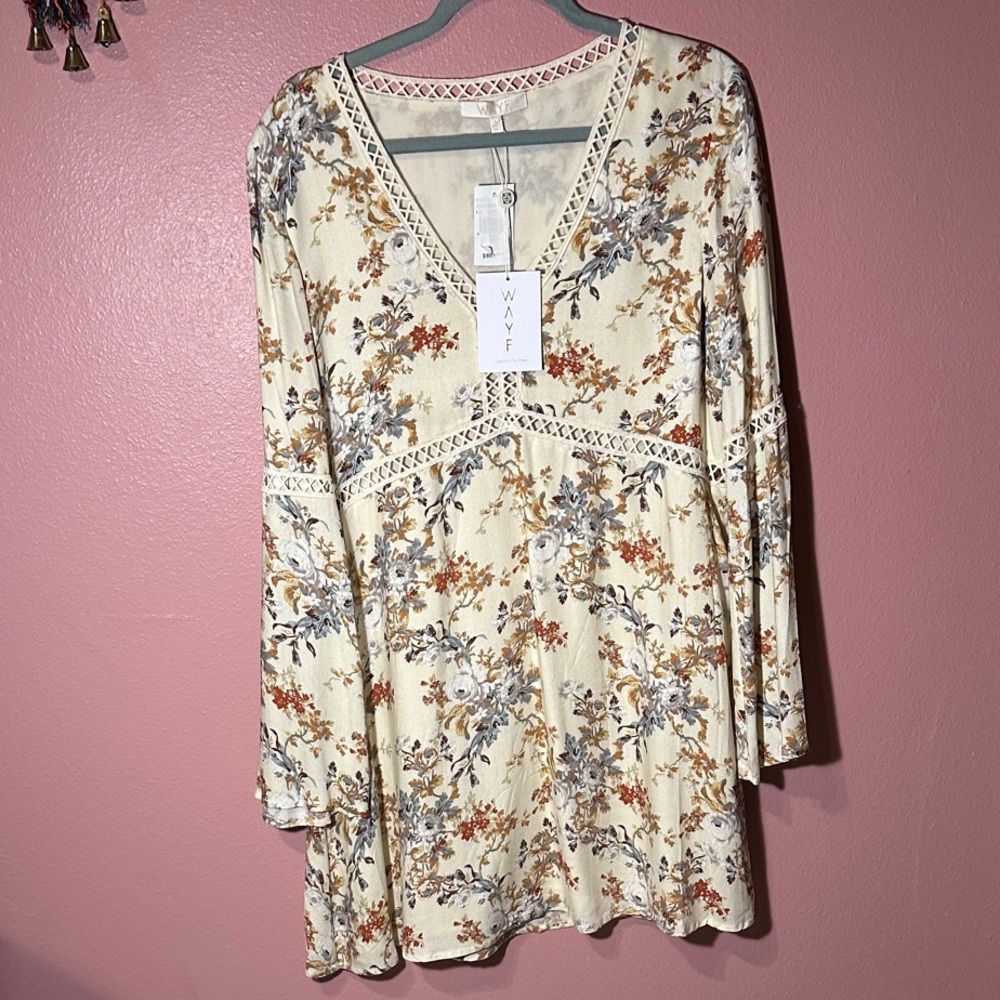 Wayf Floral Long Sleeve Dress in Cream and Brown